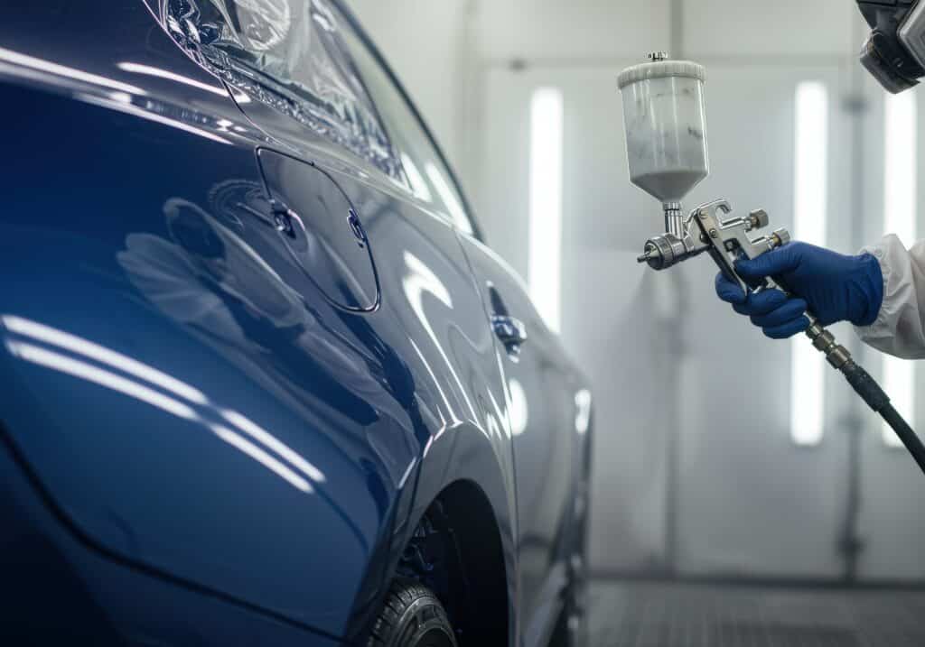 Peinture d'une voiture bleue avec un pistolet. Un ouvrier en équipement de protection applique la peinture dans un atelier lumineux.